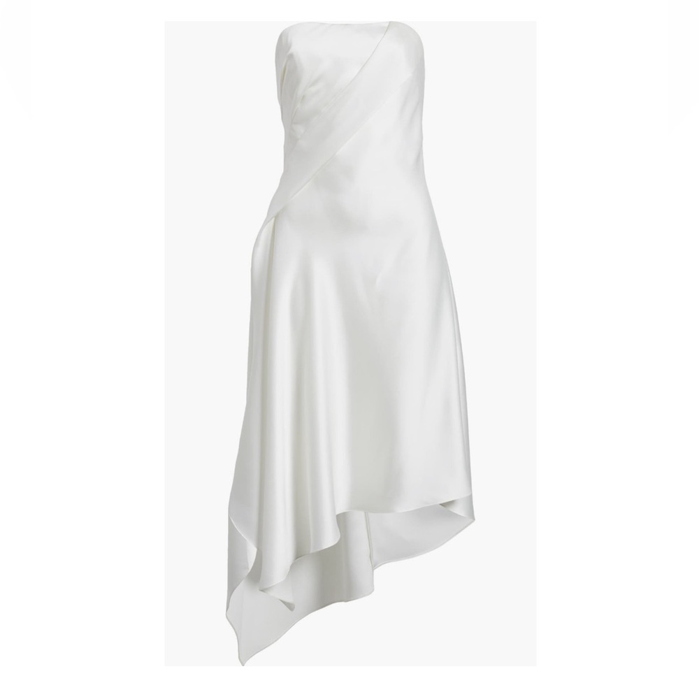 Amsale Asymmetrical Strapless Satin Midi Dress